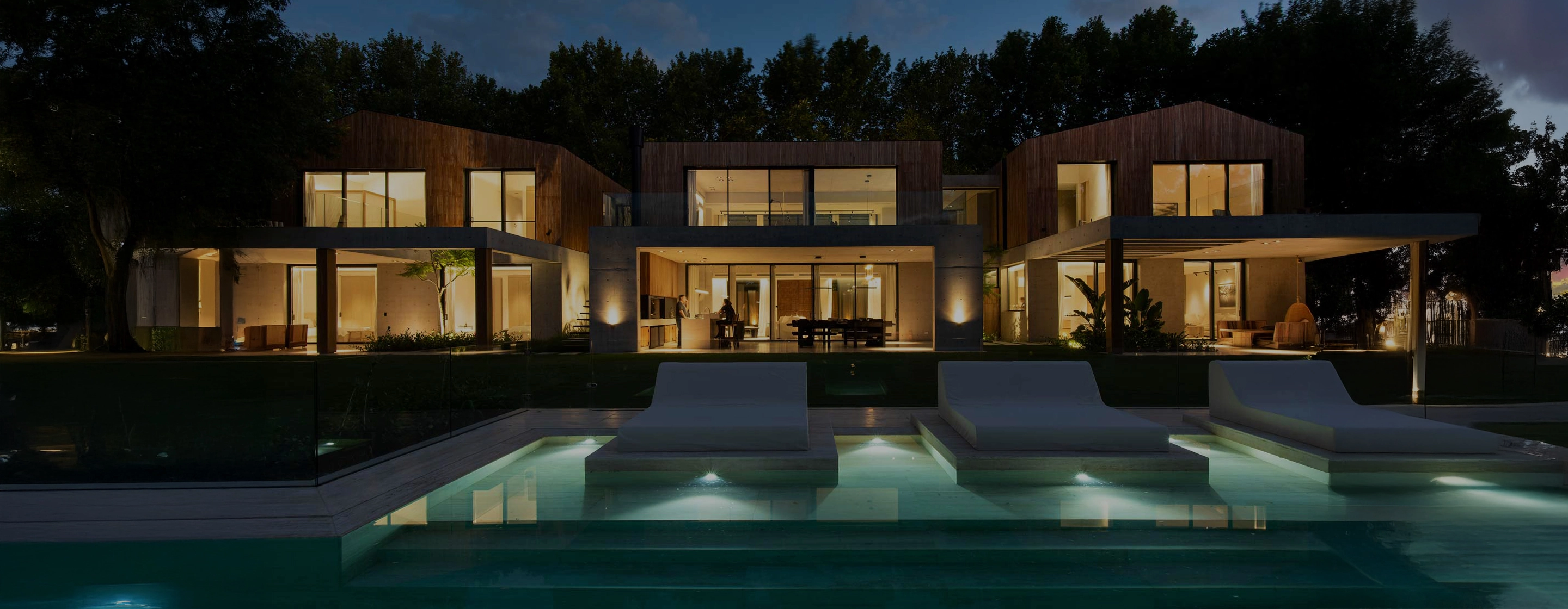 Modern interior and exterior design projects with elegant lighting and architecture.