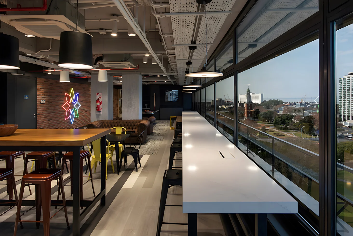 Banco Bind corporate office interior with city view.