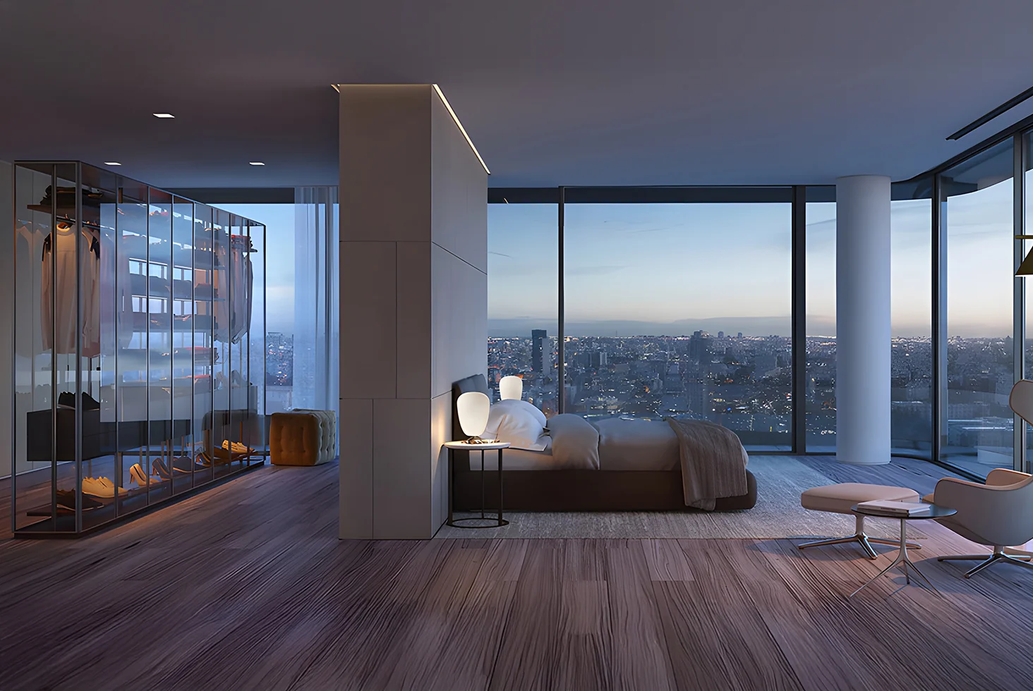Luxury bedroom inside L Avenue Zaha Hadid Multi-Residential, with floor-to-ceiling windows overlooking the city at dusk.