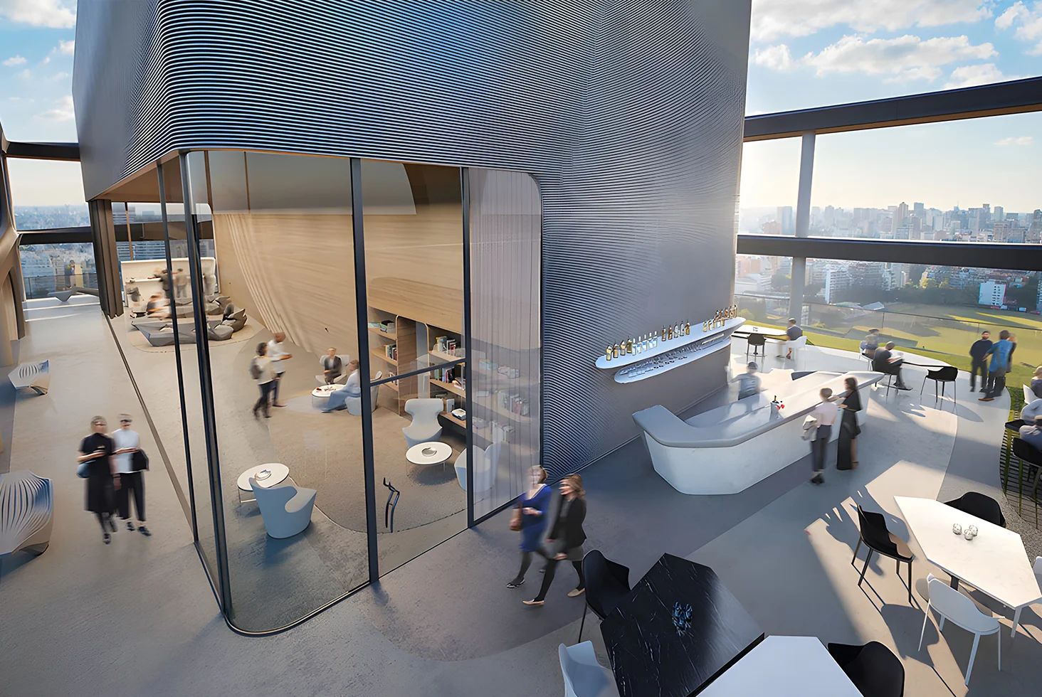 Interior perspective of L Avenue Zaha Hadid Multi-Residential amenities, featuring a modern lounge and panoramic city views.